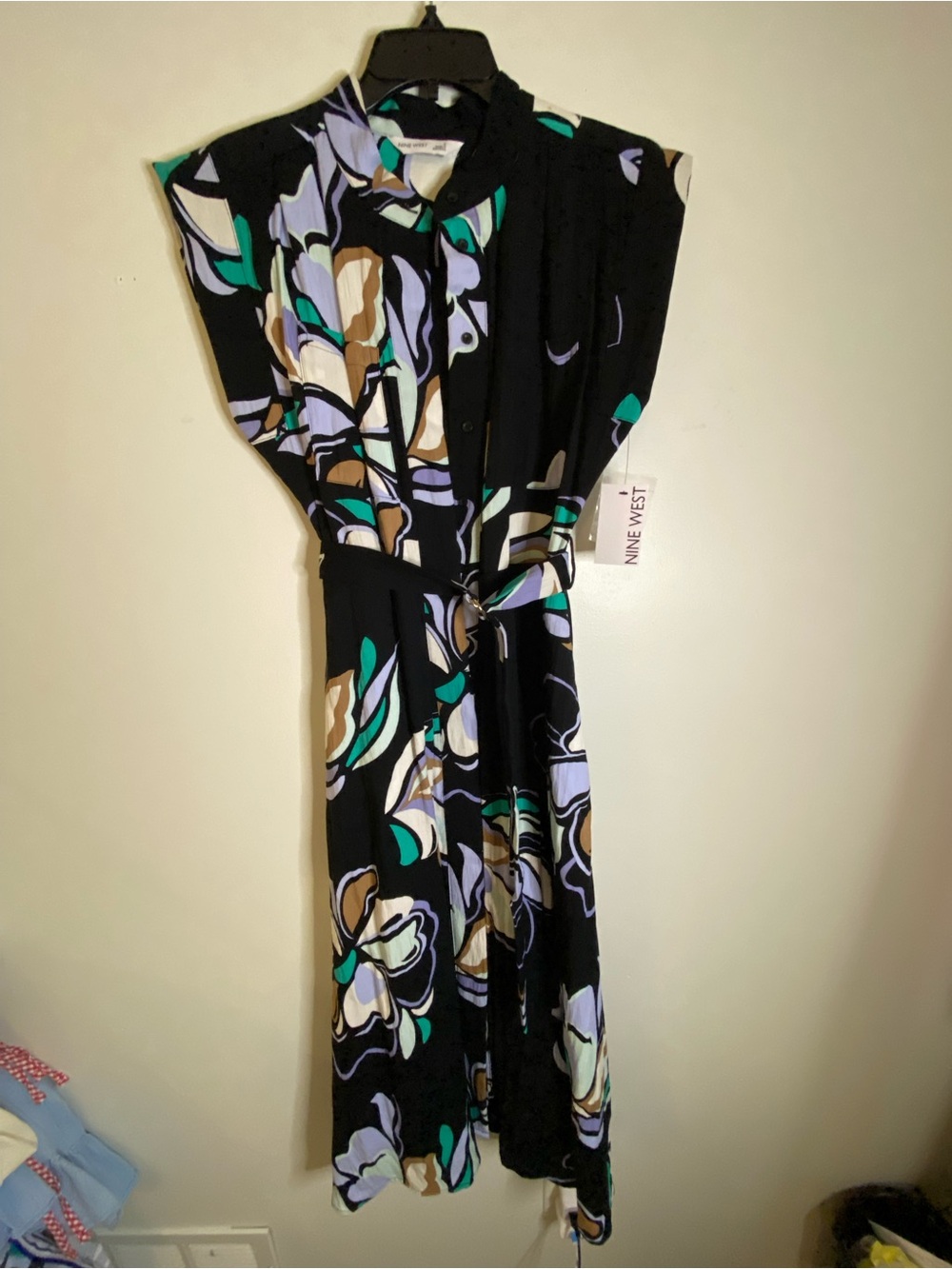 Nine West Black Floral-Print Tie-Waist Midi Dress